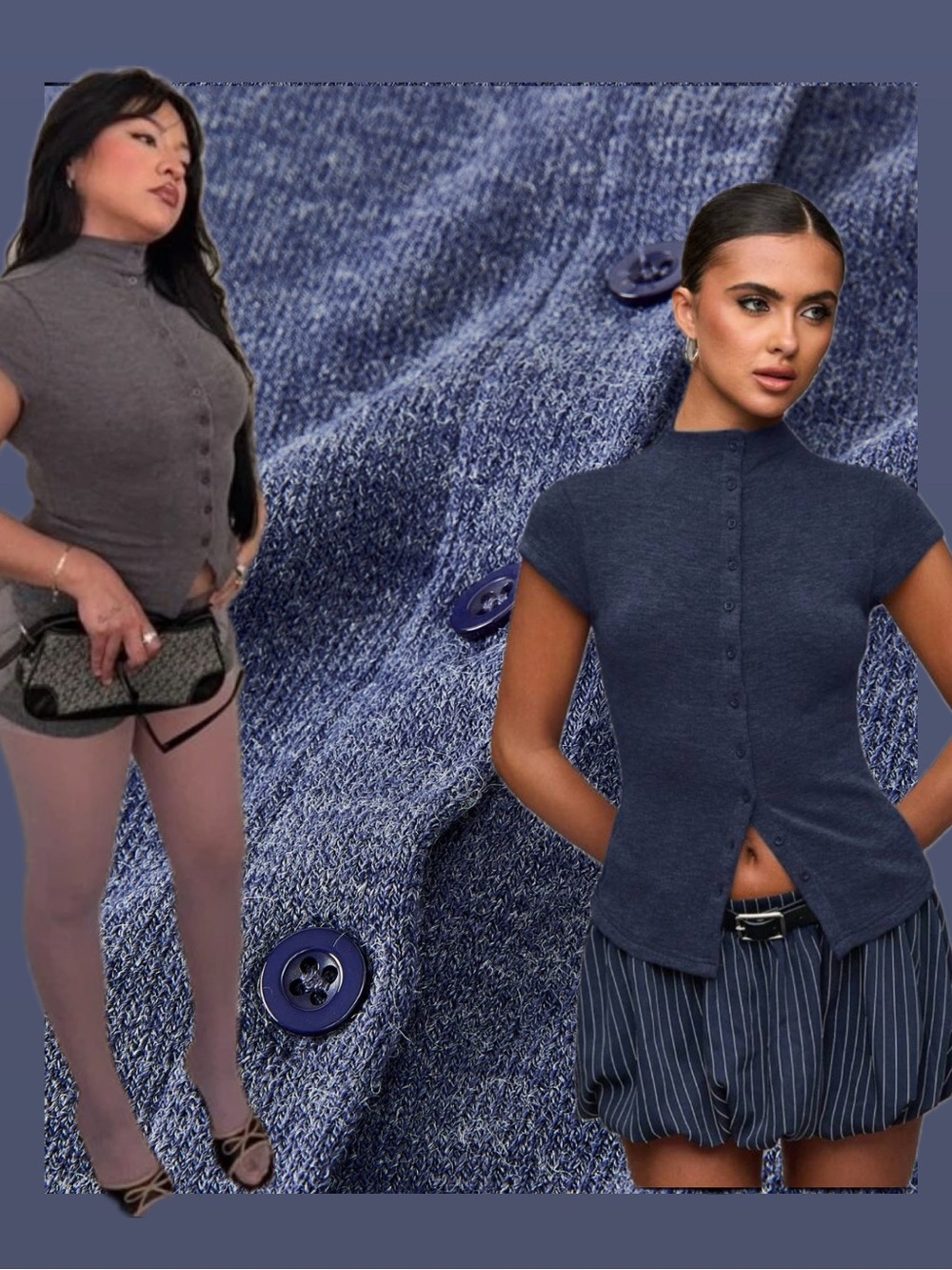 Short-Sleeve Button-Up Knit Top in Heather Navy